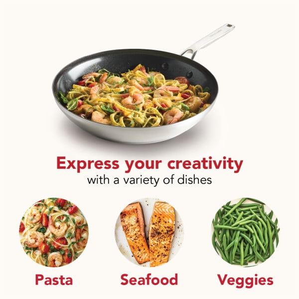 KitchenAid 12" Stainless Steel 3-Ply Base Ceramic Nonstick Induction Frying Pan, Dishwasher Safe, Oven Safe to 500°F,  Stainless Steel