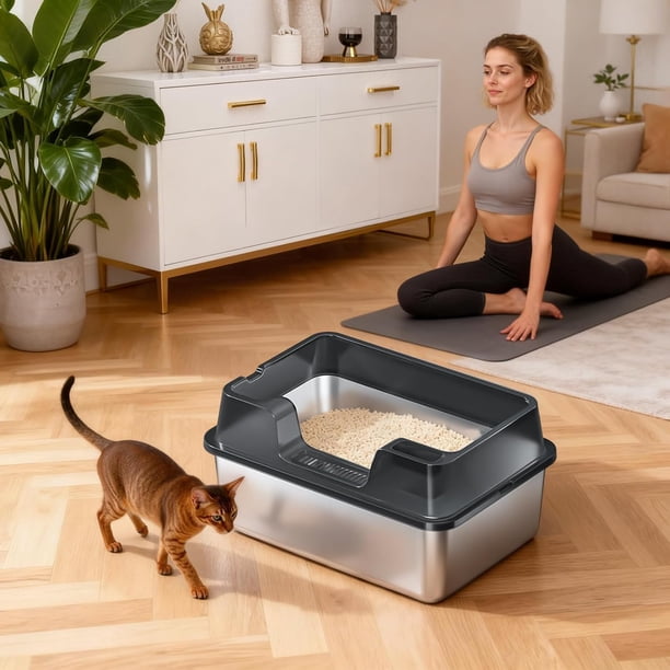 Historyli Arenero grande de acero inoxidable para gatos,arenero de lados altos con superficie antiadherente,pala y resistente a los olores,bandeja metálica para gatos,fácil de limpiar.,Negro