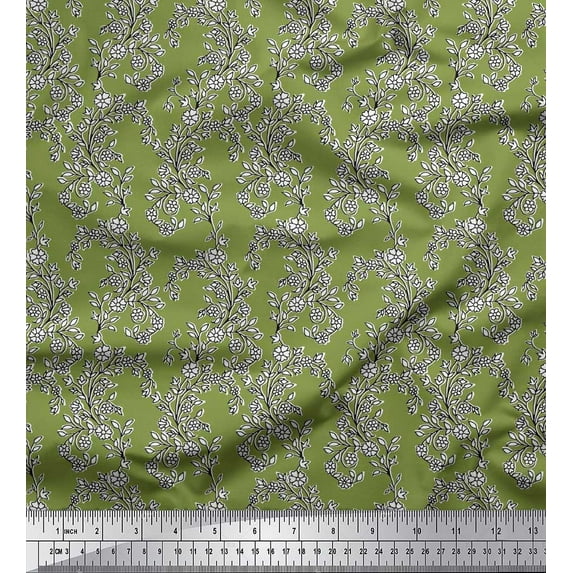 Soimoi Rayon Crepe Fabric Leaves & Floral Block Print Fabric by The Yard 46 Inch Wide