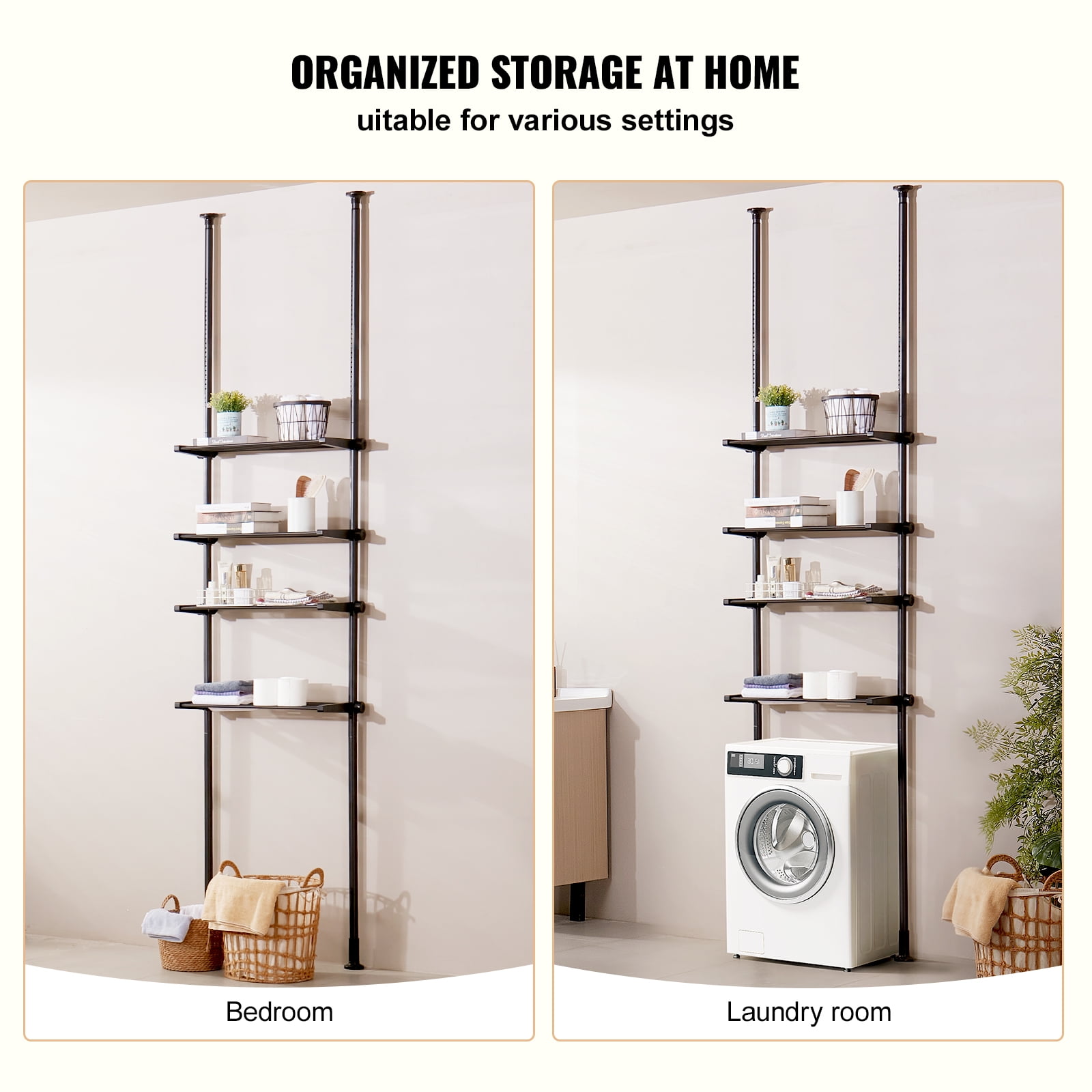 KFFKFF Bathroom Storage Above Toilet, 4-Level Adjustable Bathroom Organizer, Eco-friendly Steel 53"-132" High Storage Shelf Rack, Simple to Assemble Laundry Room Optimizer, Suitable for Compact Space