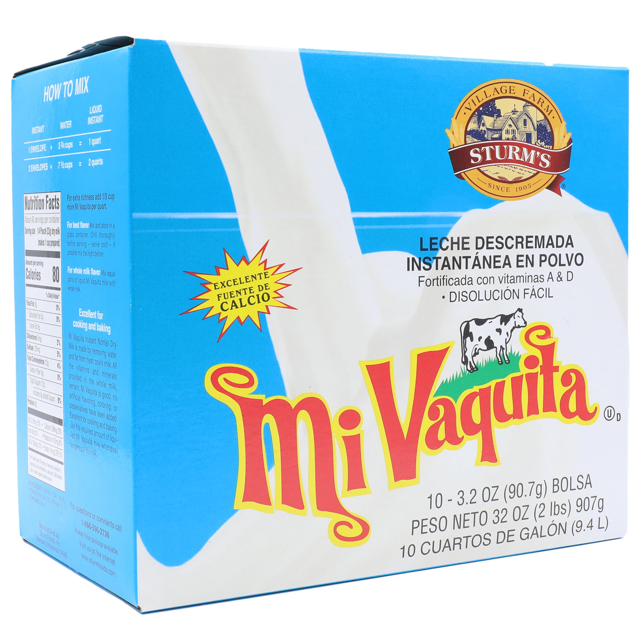 Sturms Food Leche Mi Vaquita, Instant Powdered Non-Fat Milk, 3.2 oz. Pouch, 10 Quarts