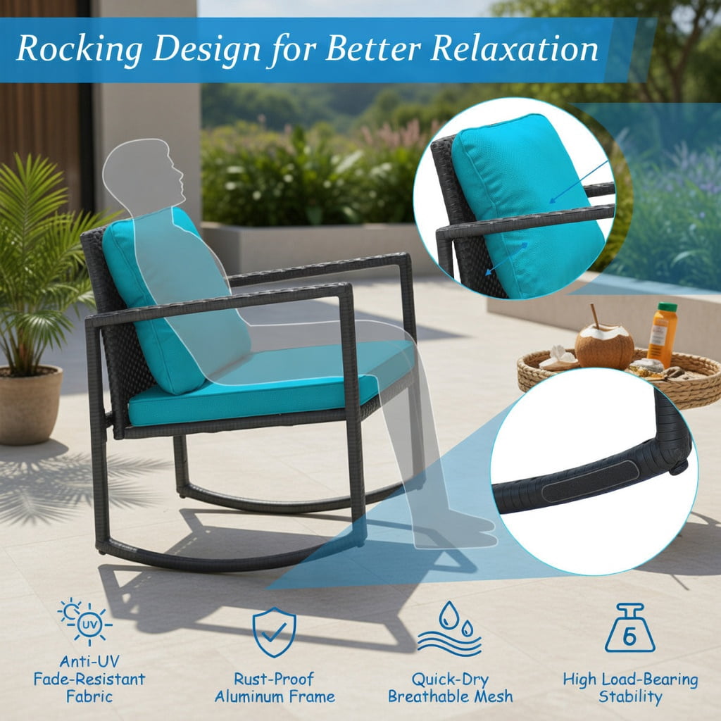 Hommoo 3-Piece Outdoor Wicker Rocking Bistro Set with Tempered Glass Coffee Table & Storage Shelf, Turquoise