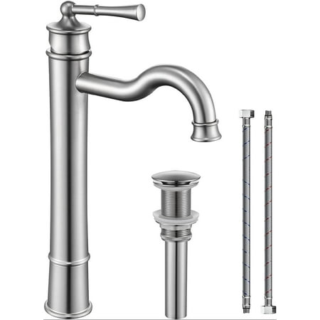 

Vessel Sink Faucet Brushed Nickel Bathroom Tall Faucet Single Hole Deck-Mount Pop up Drain Assembly Without Overflow Water Supply Lines Included