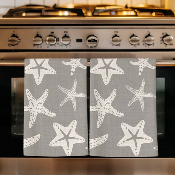 Grey Starfish Coastal Kitchen Towels Set of 4, Nautical Summer Ocean Abstract Art Absorbent Dish Towels for Kitchen, Microfiber Hand Towel, Quick Drying Tea Towel for Cleaning Decorative Dishcloths