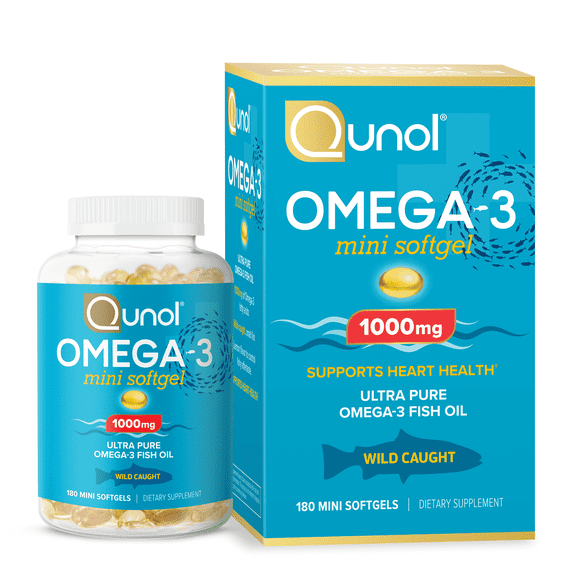 Qunol Fish Oil Omega 3 Mini Softgels, 1000mg, Heart Health Support, 180 Count