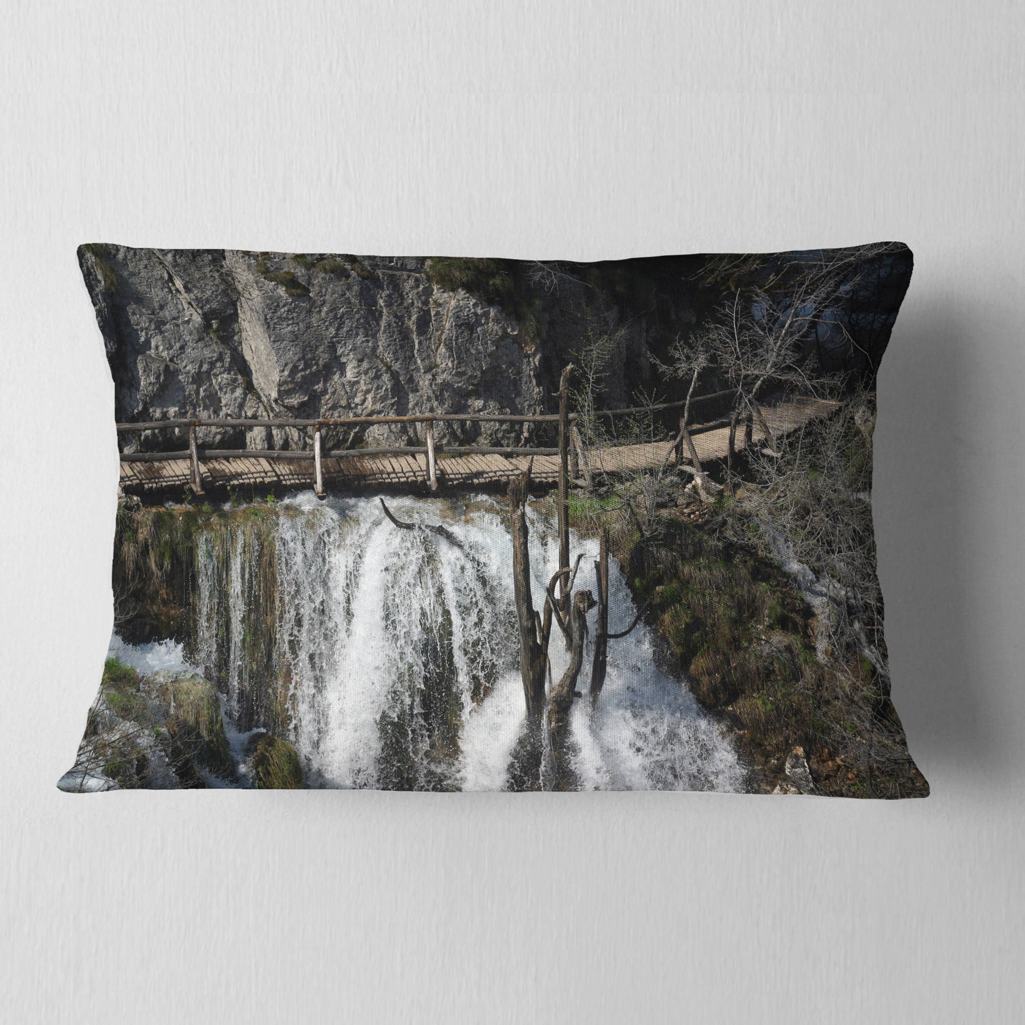 Designart Wooden Pathway in Plitvice Lakes - Landscape Photography Throw Pillow - 12x20