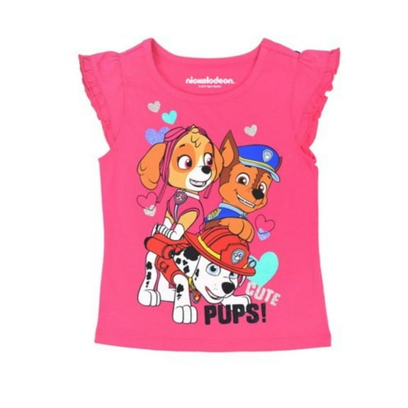 PAW Patrol Pink 'Pups!' Angel-Sleeve Girl's Glitter Graphic Tee - Toddler 2T