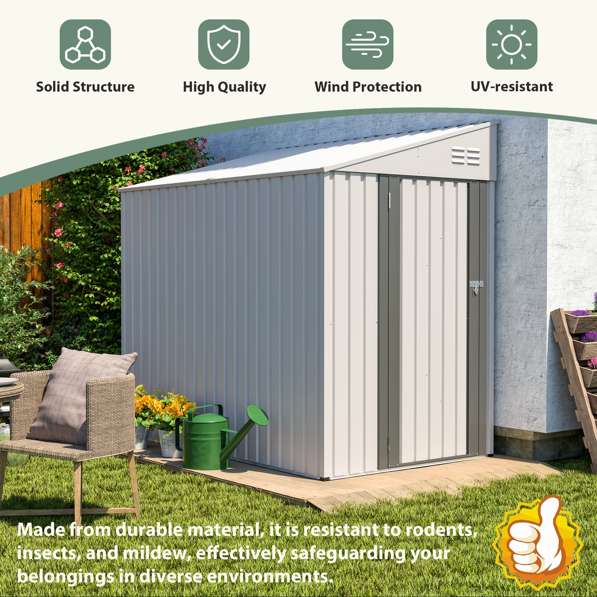 LZBEITEM 7 x 4 ft Outdoor Metal Storage Shed Lean to, Small Metal Wall Side Door Sheds & Garden Tool Shed for Garden, Backyard, White