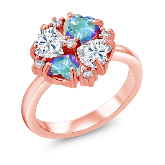 Gem Stone King 18K Rose Gold Plated Silver White Moissanite and Mercury Mist Mystic Topaz Ring for Women (2.04 Cttw, Heart Shape 5MM, Gemstone Birthstone, Size 9)