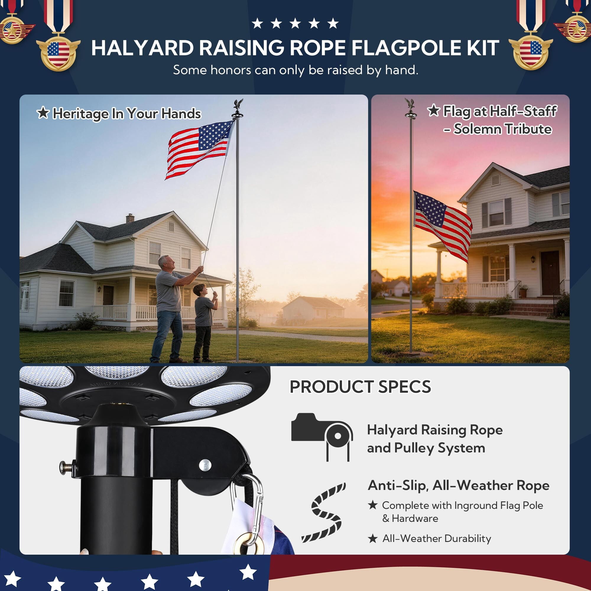 Yescom Bravery 25' Aluminum 13Gauge Sectional Flag Pole Kit w/ Solar Powered Light US Flag Eagle Topper for Outside House Outdoor