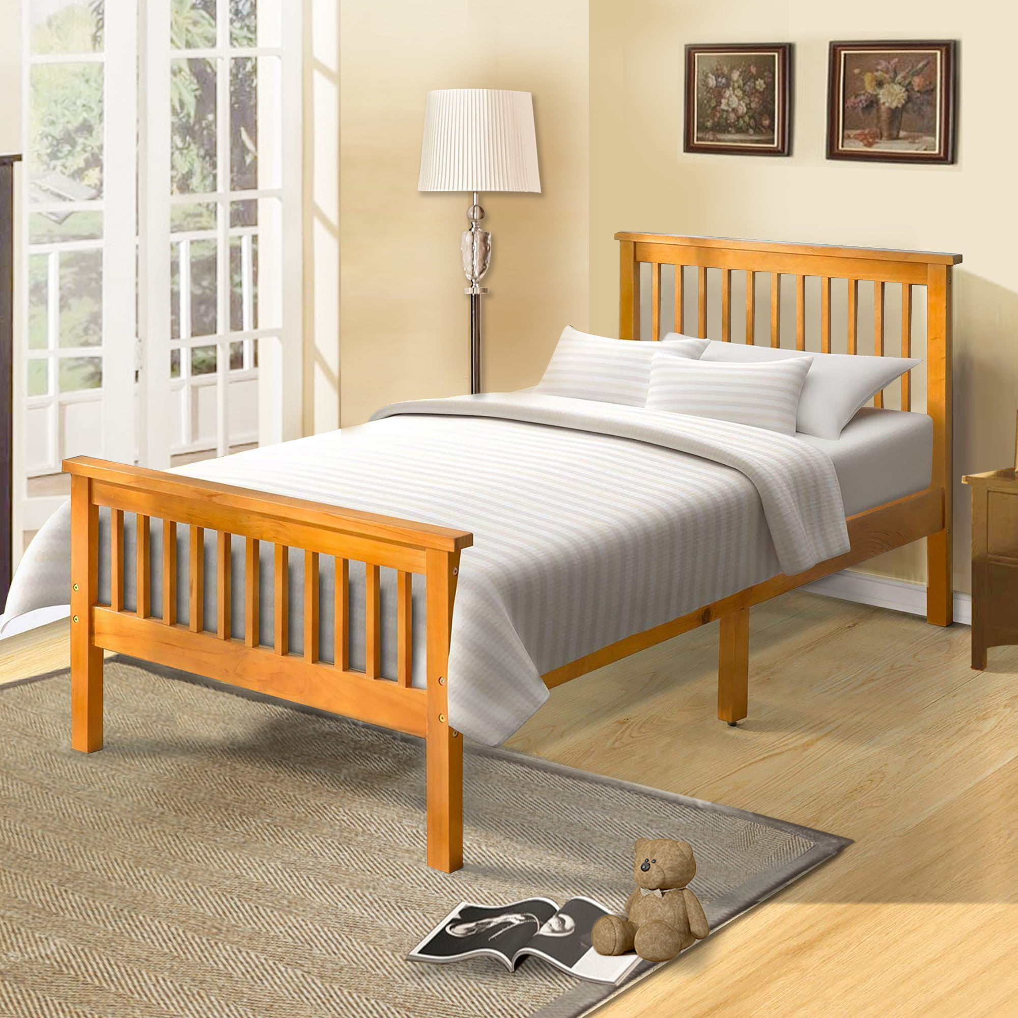 JUMPER Bed Solid Wood Platform Bed Frame with Headboard, Footboard, and Wood Slat Support