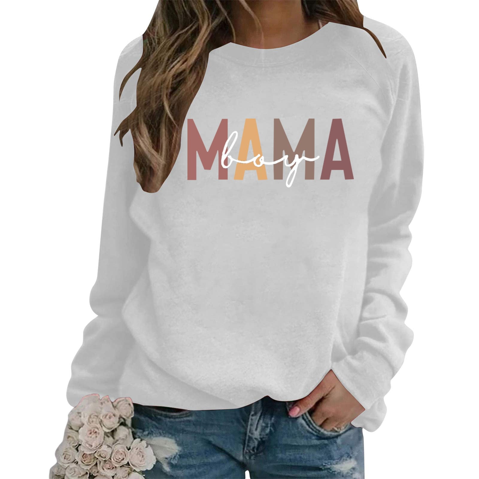Hfyihgf Boy Mama Sweatshirt for Women Long Sleeve Letter Print