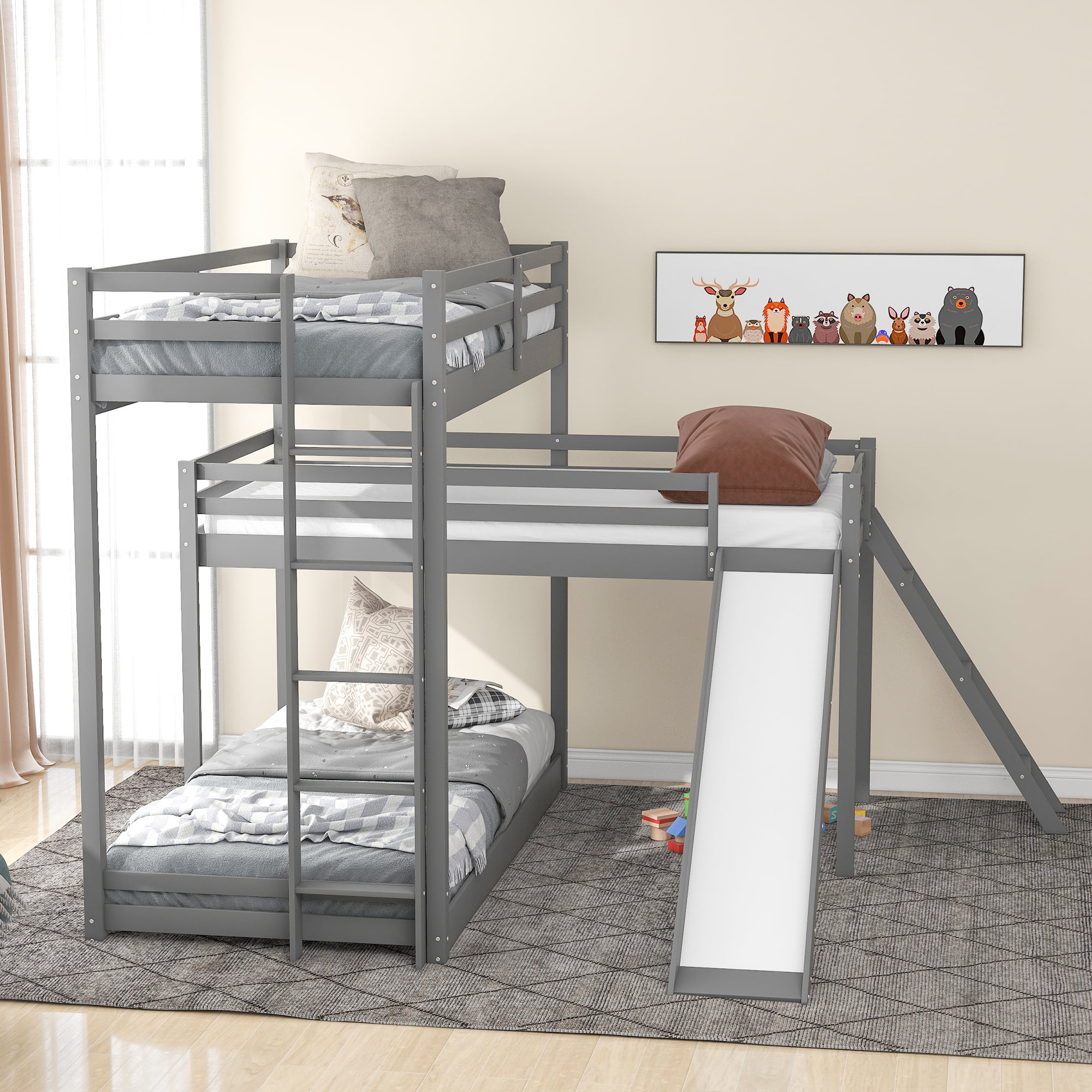 Sesslife Kids Bunk Beds For Small Rooms, L Shaped 3 Bunk Beds