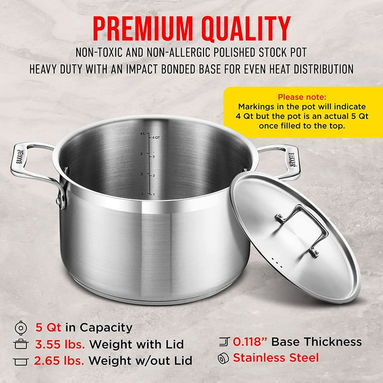 Bakken- Swiss Stockpot – 5 Quart – Brushed Stainless Steel – Heavy Duty Induction Pot with Lid and Riveted Handles – for Soup, Seafood, Stock, Canning