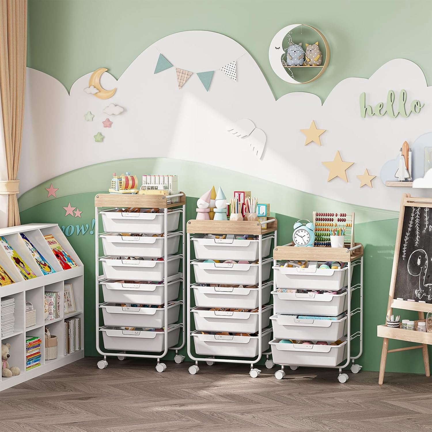 Plastic Drawer Organizer with Wooden Top, 5-Drawer Rolling Cart for Crafts and Office Storage