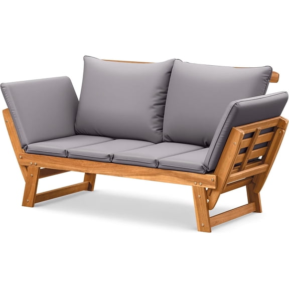 Flamaker Outdoor Couch with Adjustable Armrests, Acacia Wood Patio Loveseat with Soft Cushions, Convertible Patio Furniture for Balcony, Porch, Backyard (Grey)