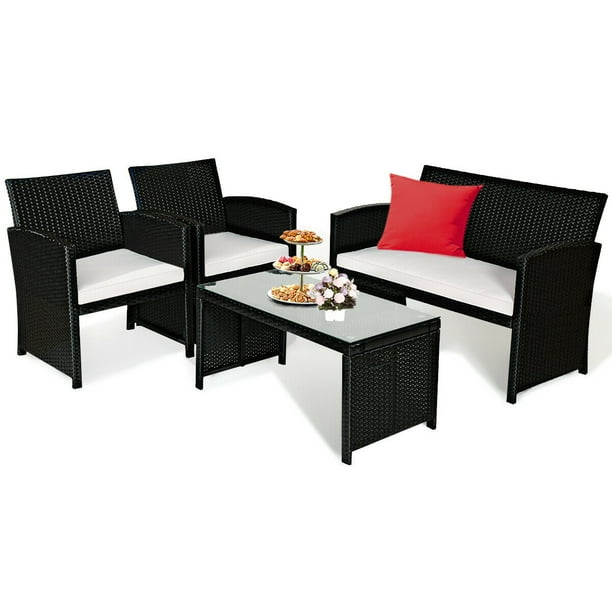 Costway 4 pc rattan patio furniture set garden lawn hot sale sofa wicker cushioned seat black
