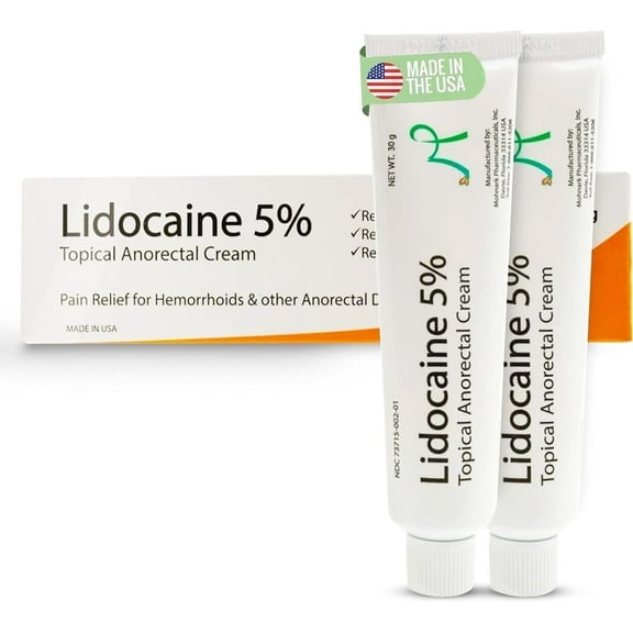 Maximum Strength 5% Lidocaine Hemorrhoid Treatment Cream for External and Internal Hemorrhoids Treatment Burn Itch Pain Relief Topical Anorectal Cream - 30 Gram Tube Made in USA 2PK