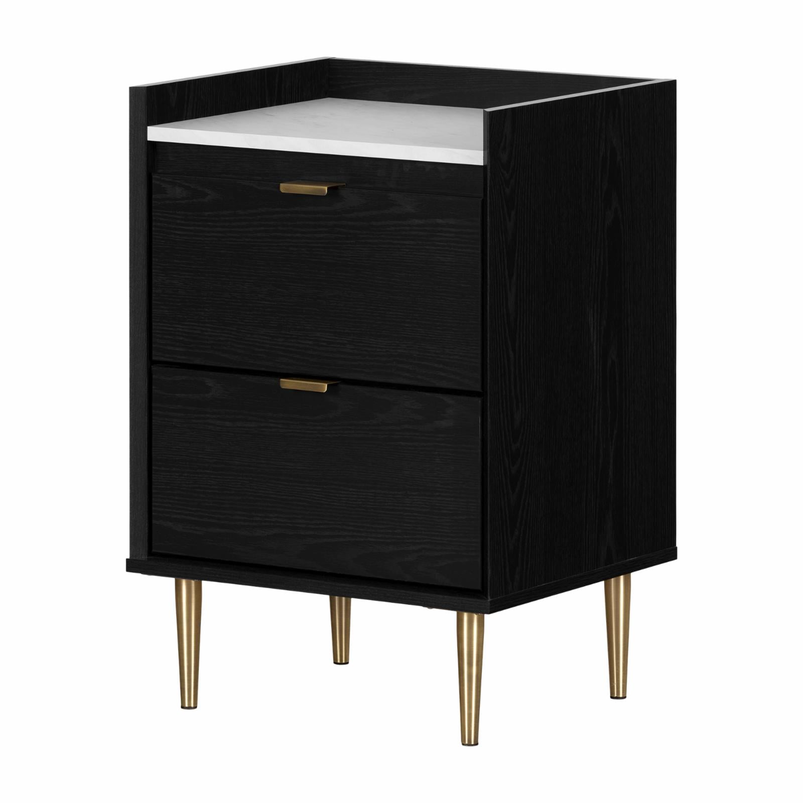 Black Oak and Faux Carrara Marble End Table with Storage