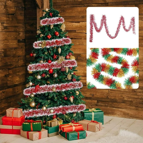 Christmas Tinsel Garland 16.4FT Red Green Metallic Twist Hanging Garland For Christmas Tree Glitter Thick And Thin Streamers Foil Garland For Fireplace Staircase Railing Home Indoor Decor