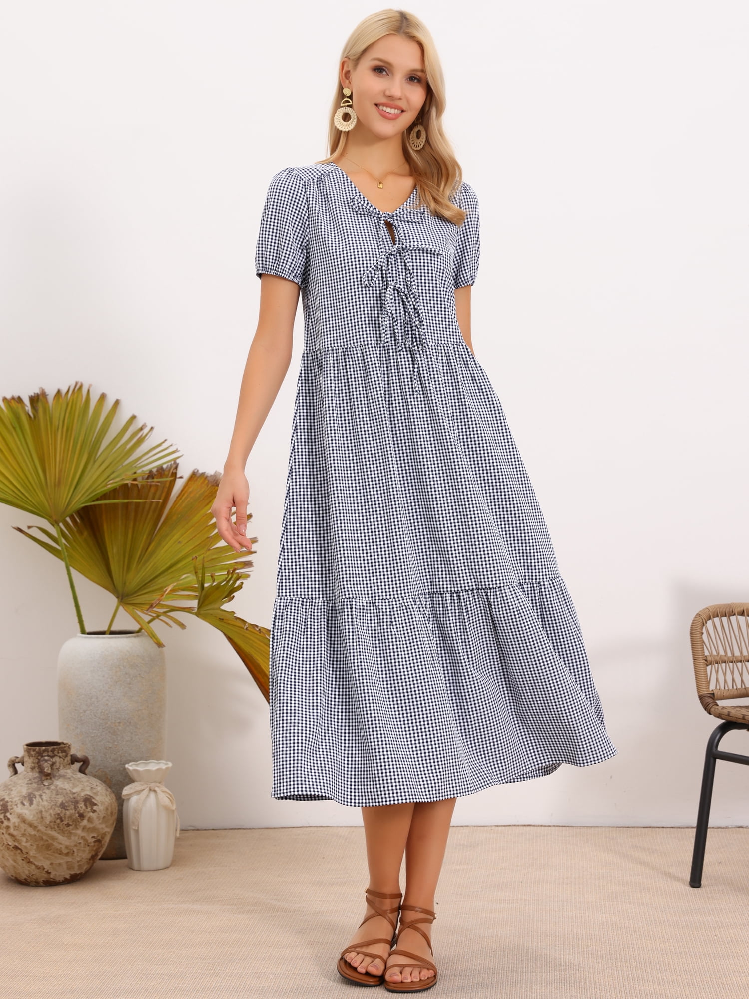 DARING DIVA Women's Gingham Short Sleeve Midi Flowy Tie Front Dress XL Black Blue