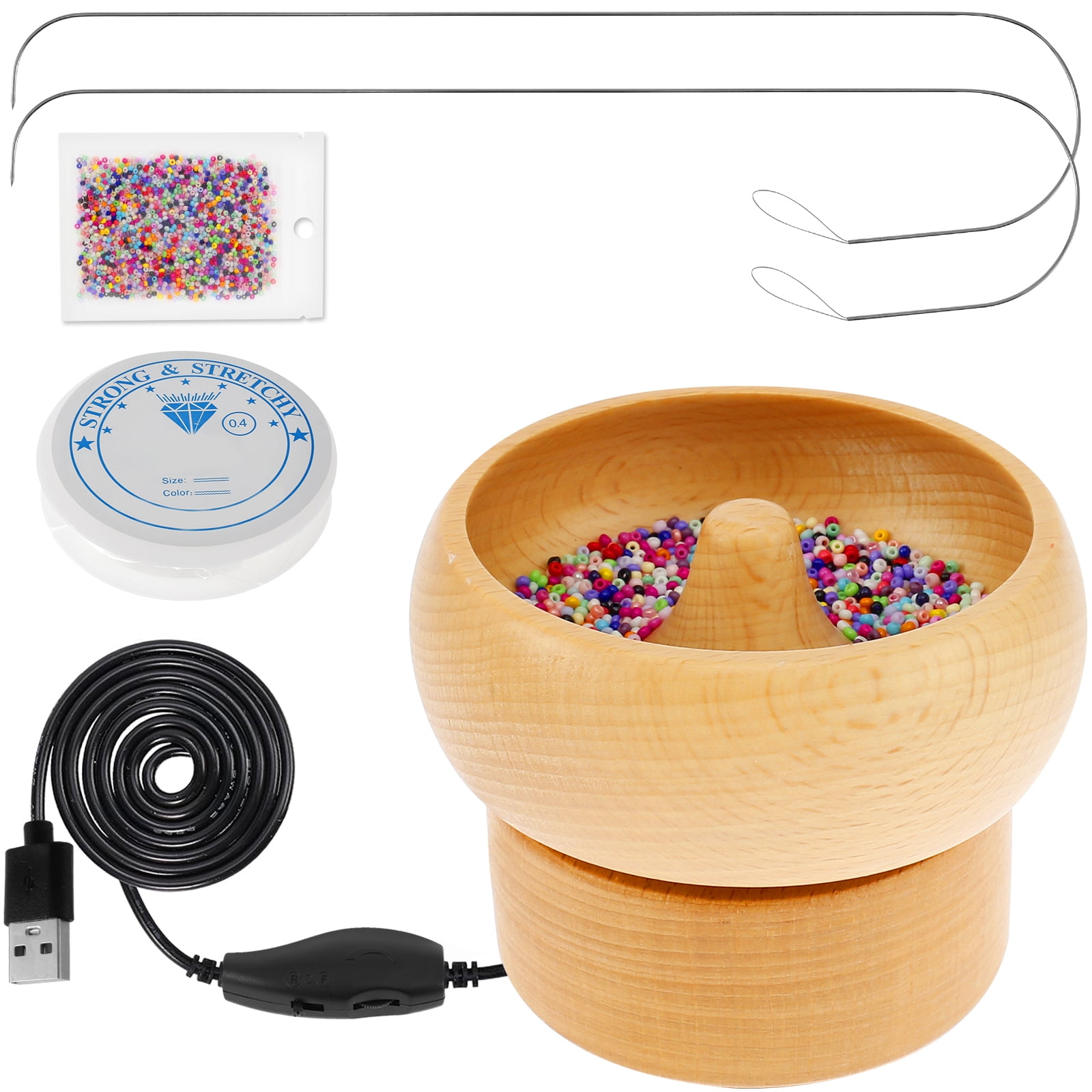 Ikoopy Electric Wooden Bead Spinner USB Powered Spin Beading Bowl Kit Adjustable Speed and Direction Spin Bead Loader with 2 Beading Needles 2000 Beads for Bracelets Jewelry Making