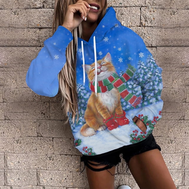 Pull de Noël à Capuche pour Femmes en Solde Mode Imprimé Pull Manches Longues Blouse Sweat-Shirt