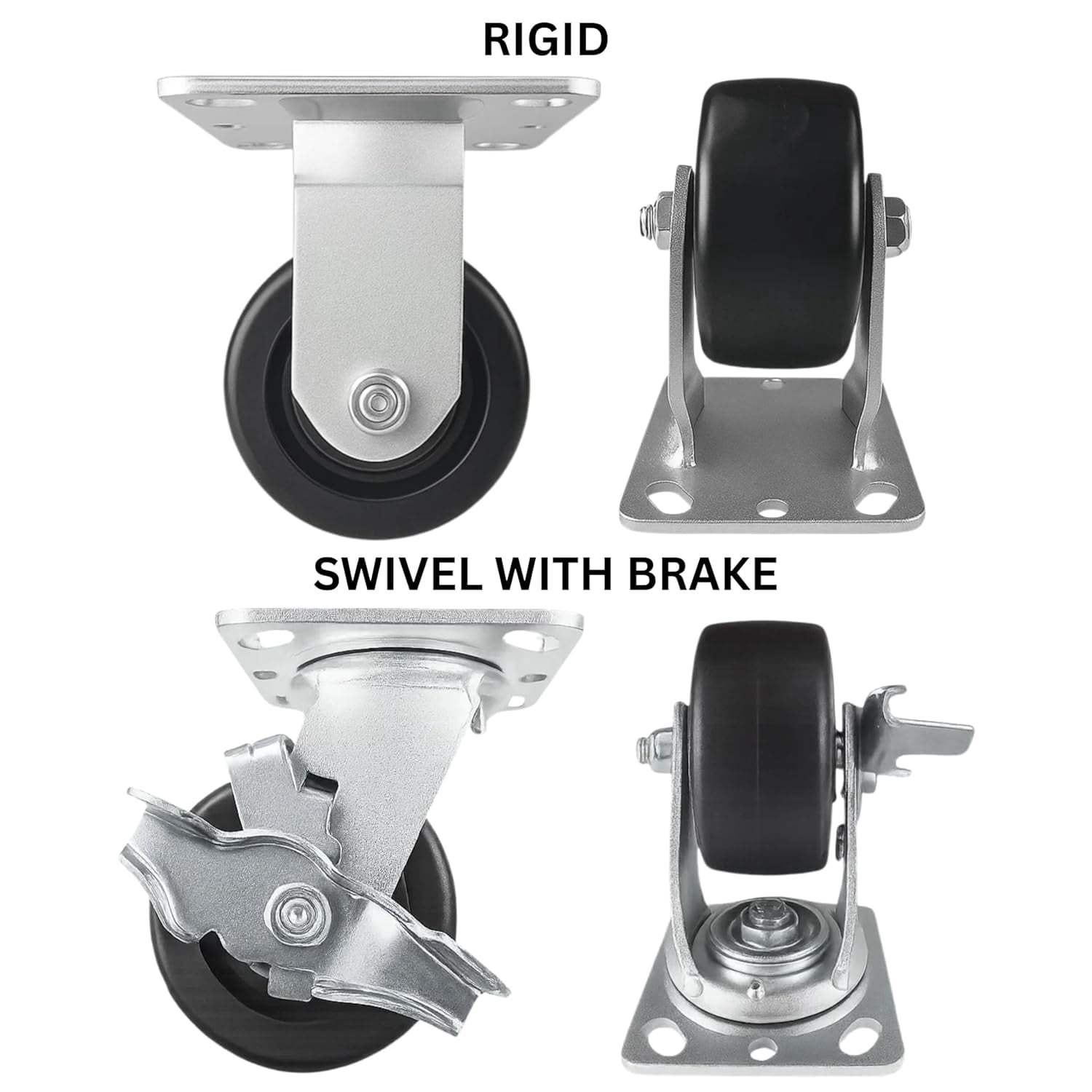 4 Heavy Duty Caster Set 4" Plastic Wheels - 2 Rigid + 2 Swivel with Brake