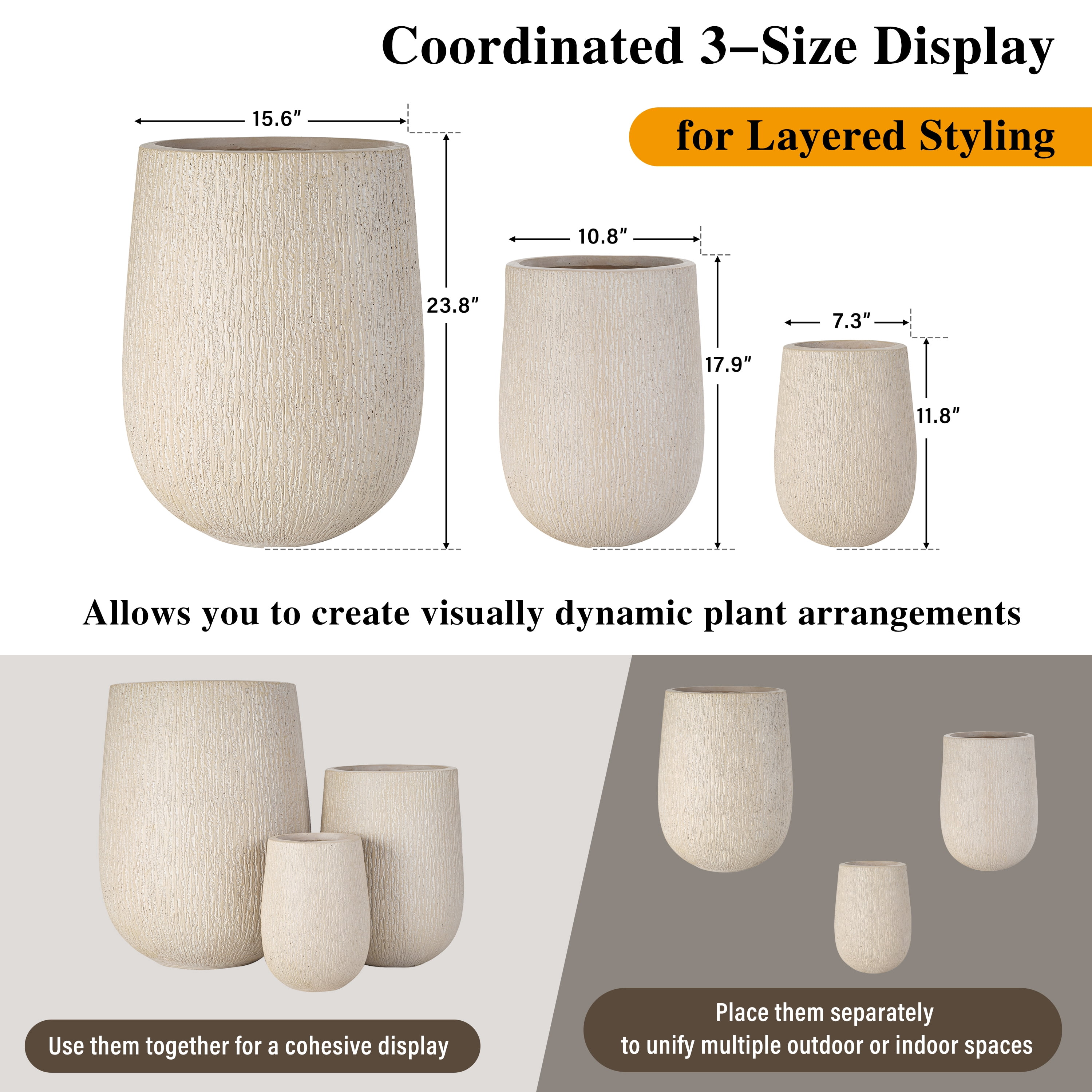 Euroco Lightweight MGO Planter Set of 3, 15.6"+10.8"+7.3" Egg-Shaped Outdoor Flower Pots with Drainage Holes & Rubber Plug,Modern Stone-Look Textured Decorative Pots for Garden, Patio, Home, Office