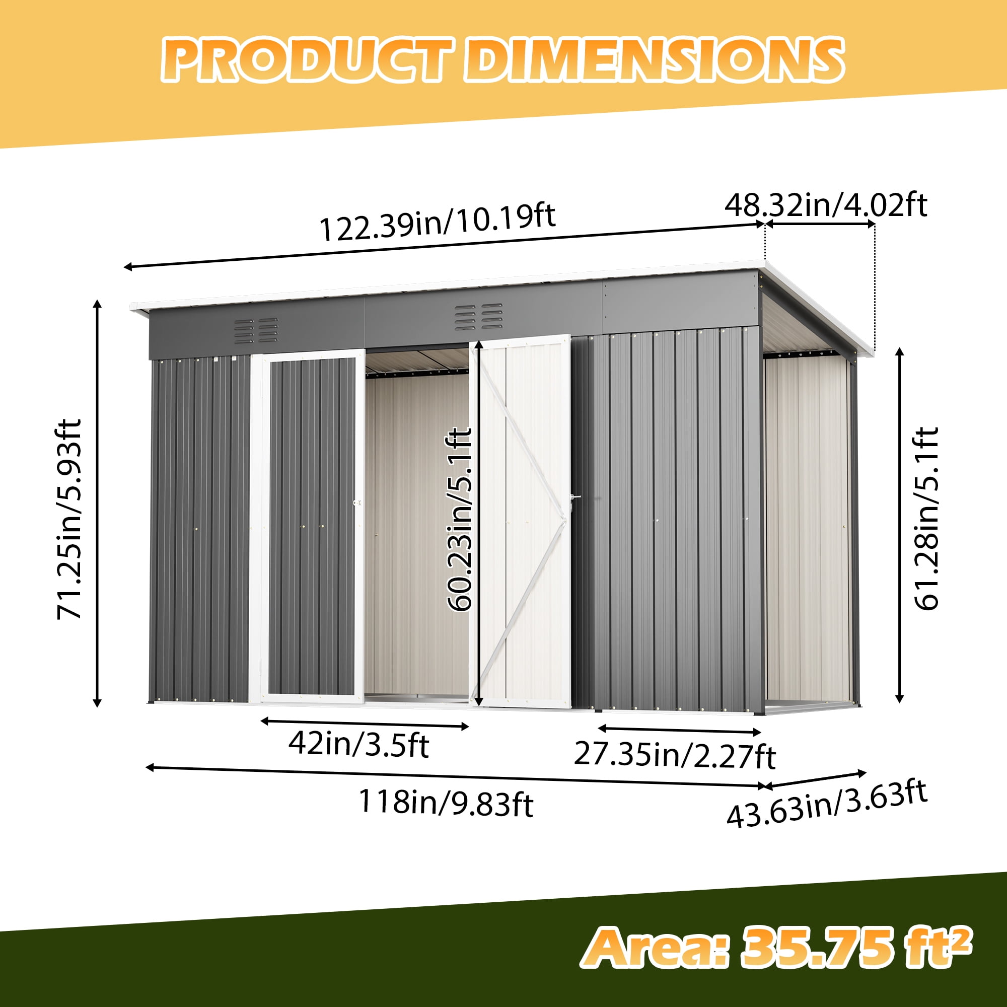 Jopath 10ft x 4ft Outdoor Metal Storage Shed with Floor Frame and Lockable Door for Garden, Lawn Gray