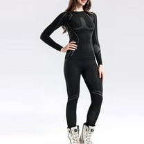 Riecok Thermal Set for Women Seamless Round Neck Solid Color High Elasticity Winter Sports Thermal Underwear Black S