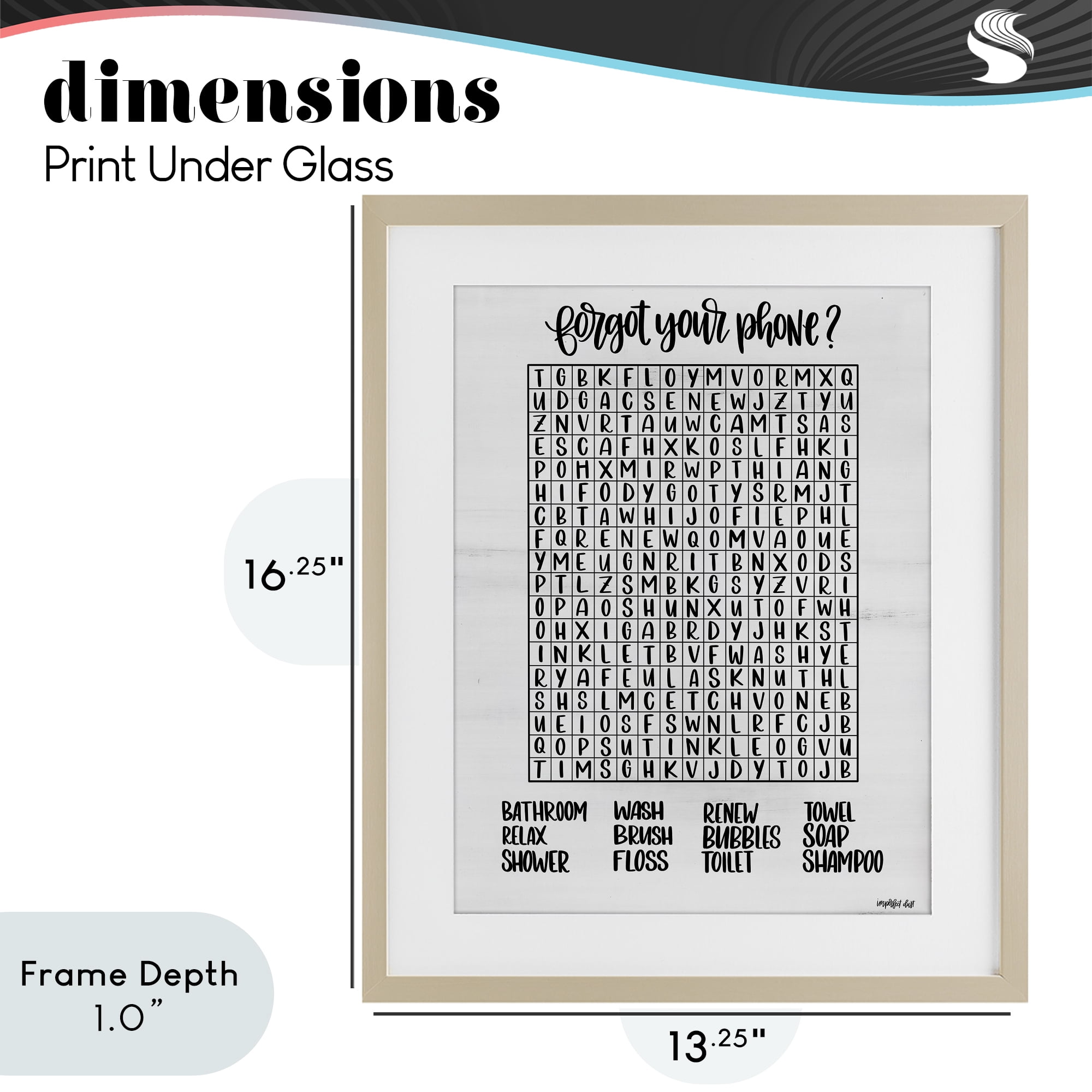 Stupell Industries Forgot Phone Bathroom Wordsearch Birch Framed Print Under Glass, design by Imperfect Dust