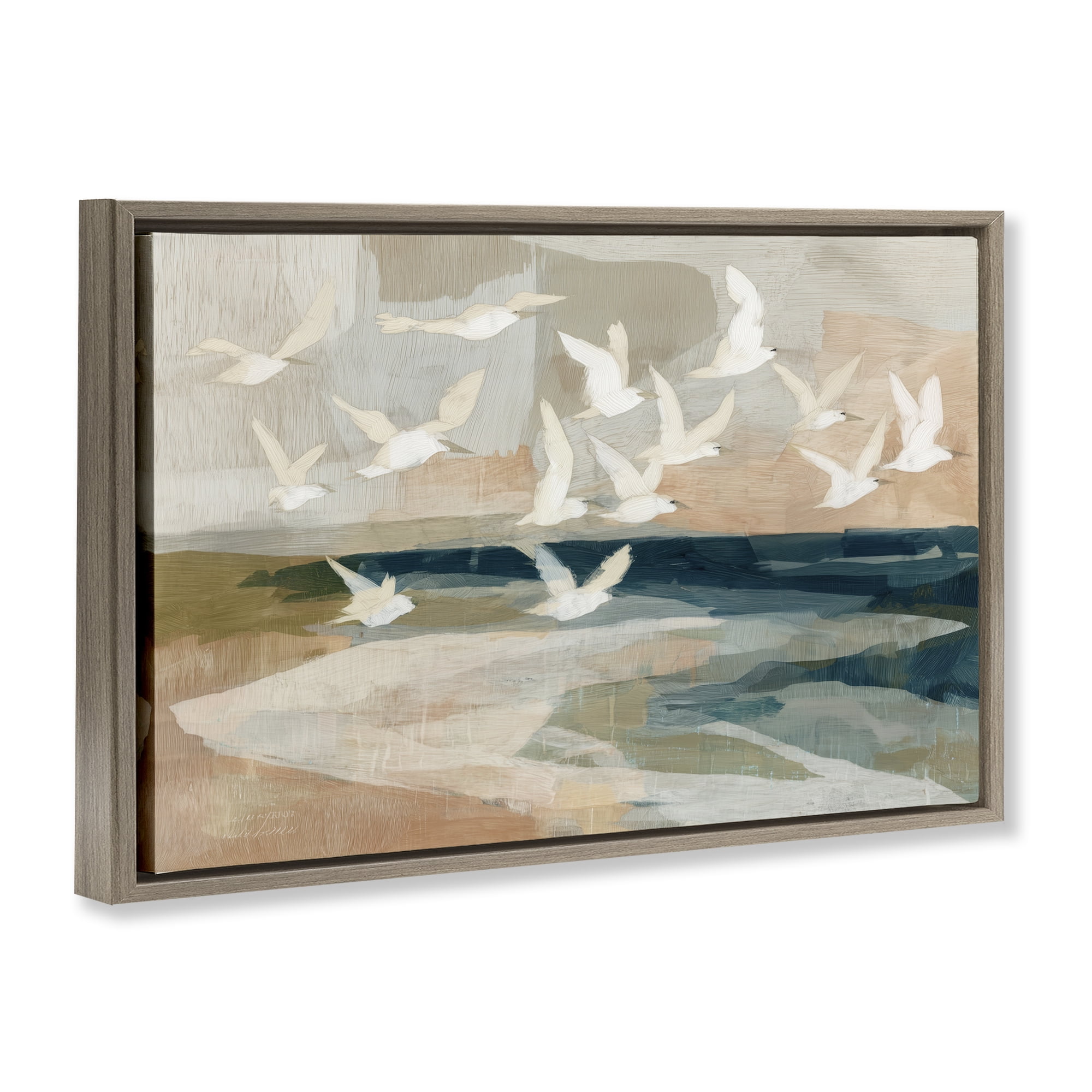 Stupell Industries Birds in Flight Over Water Brown Framed Floater Canvas Wall Art, design by Chromatic Storm Studio