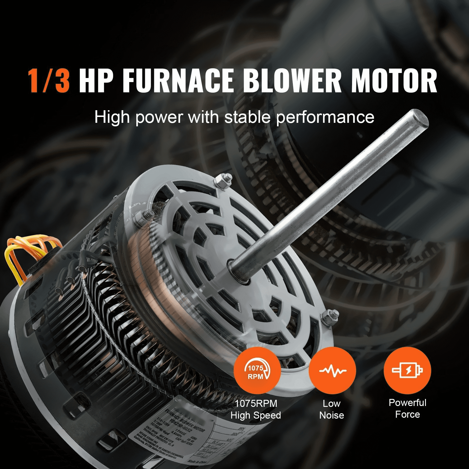1/3 HP Furnace Blower Motor 110-120V 1075RPM 4 Speed HVAC Replacement Motor, 48 Frame 5.2" Shaft, w/ Capacitor & Hold Hoop