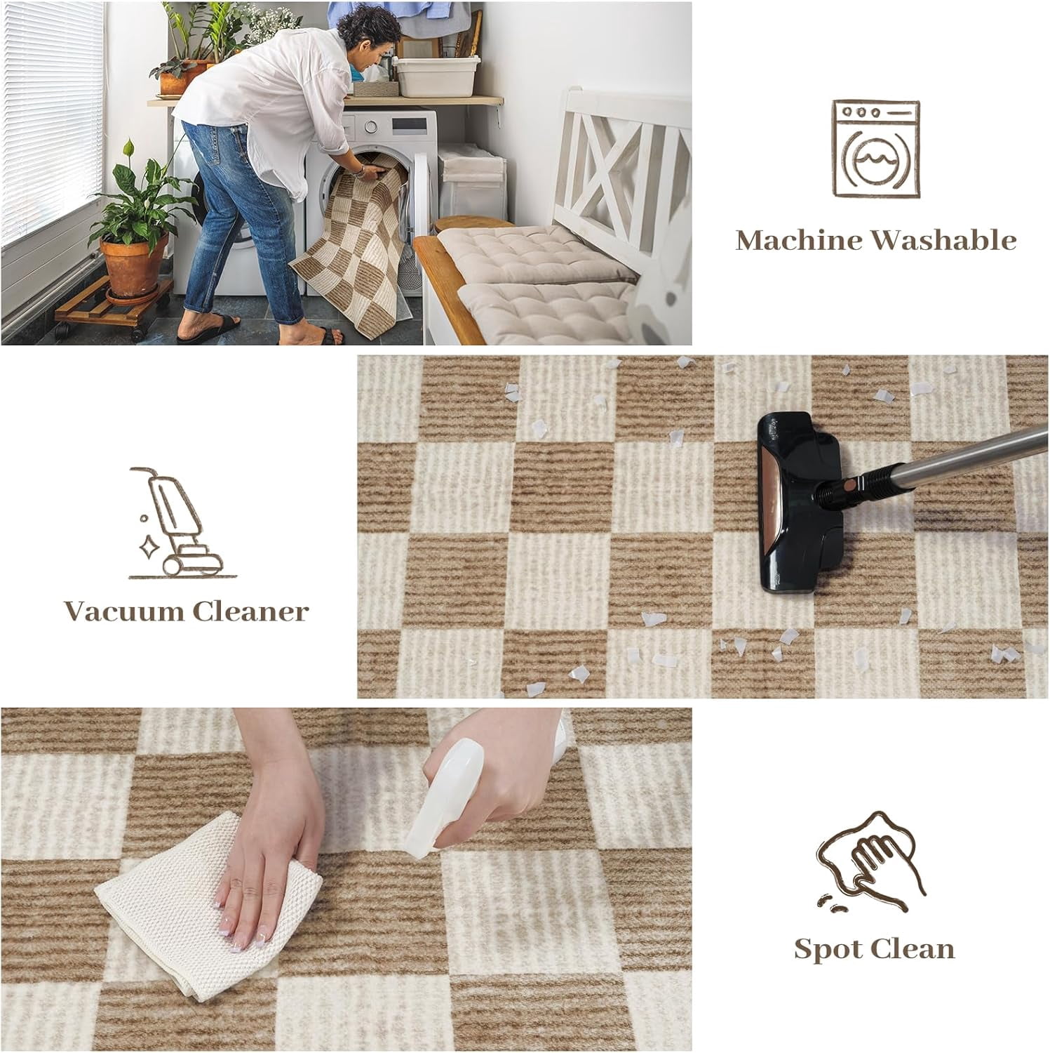 RUG ROBOT 5'x7' Area Rugs for Living Room, Washable Non-Slip Checkered Rugs for Bedroom, Dining Room, Soft Low-Pile Classic Farmhouse Geometric Indoor Large Accent Carpet, Brown