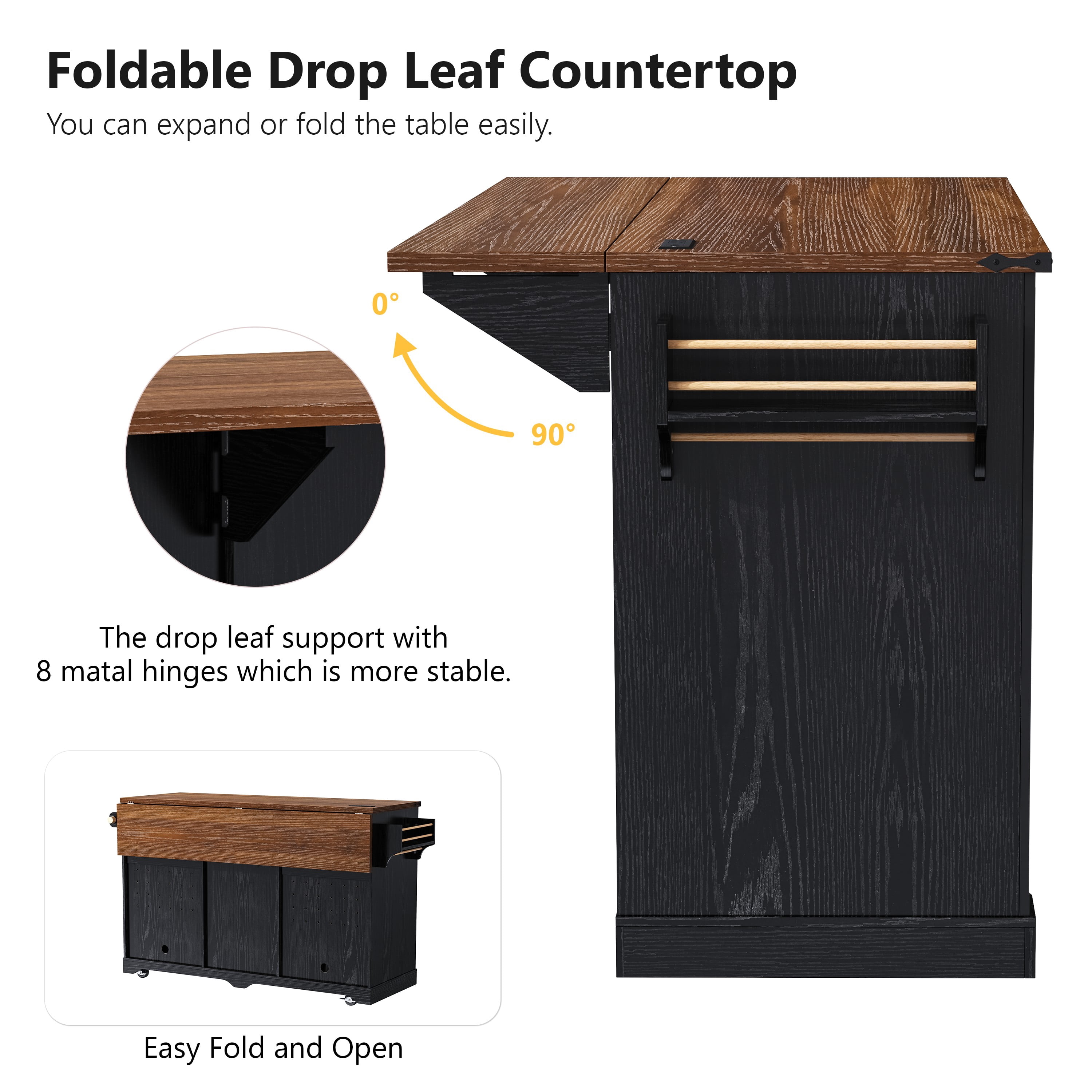 Mintazer 72" Farmhouse Rolling Kitchen Island with 2 Mini Fridge Space & Drop Leaf Countertop and Power Outlet, Bar Storage Cabinet with 4 Drawers & Barn Doors for Kitchen Dining Room, Black & Walnut