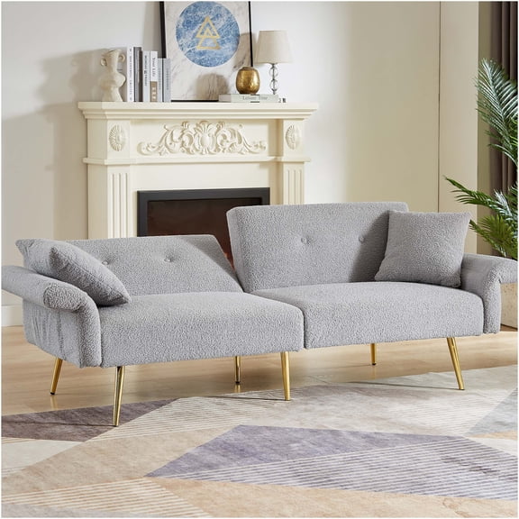 JERFIT Modern Teddy Fabric Convertible Sofa Bed with Adjustable Backrest and Armrests, Foldable Loveseat Sleeper with Storage Pocket and Golden Legs for Living Room, Apartment, Dorm, Grey