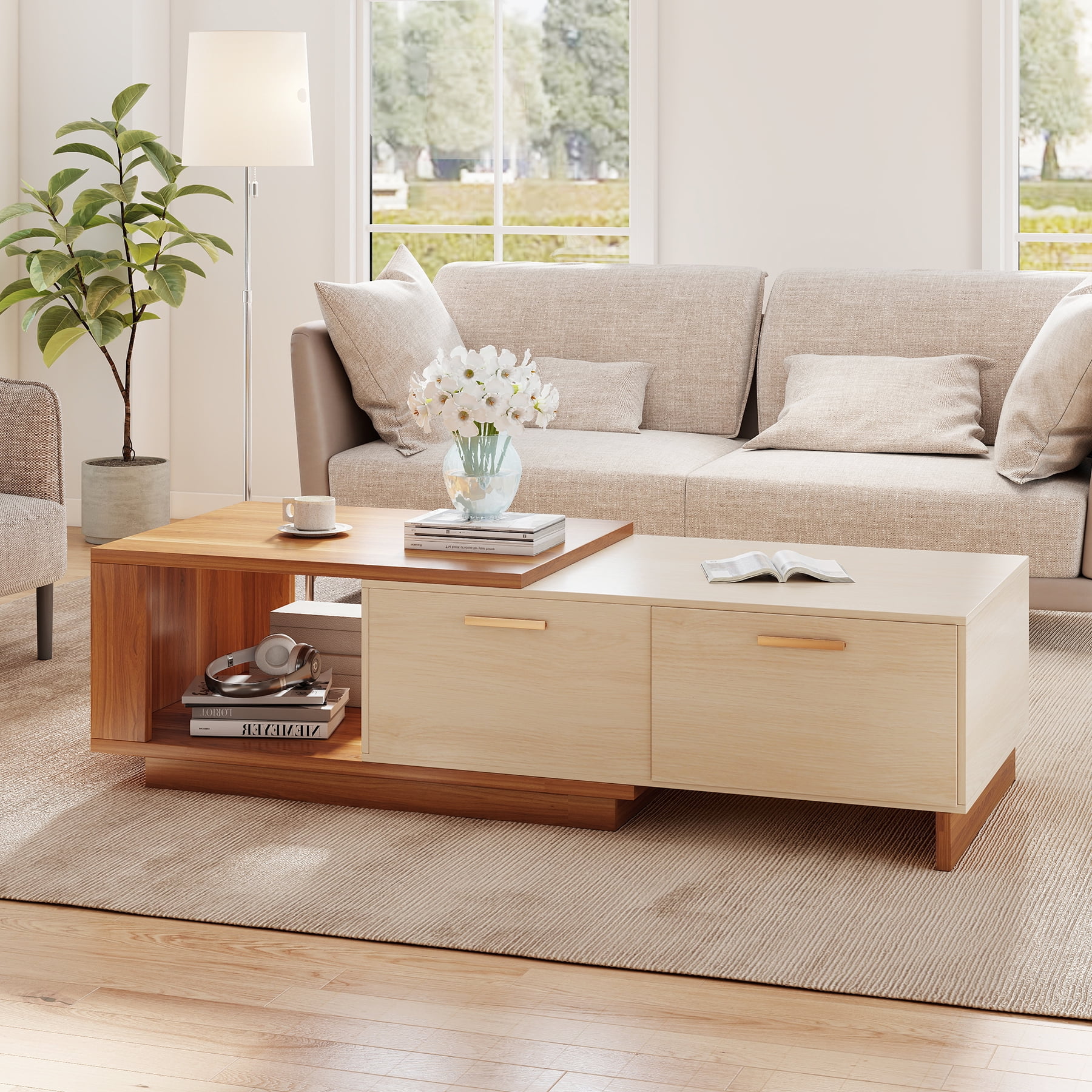 Expandable Coffee Table with Storage, 42''-65'' Two-Tone Wood Coffee Table with 2 Drawers for Living room