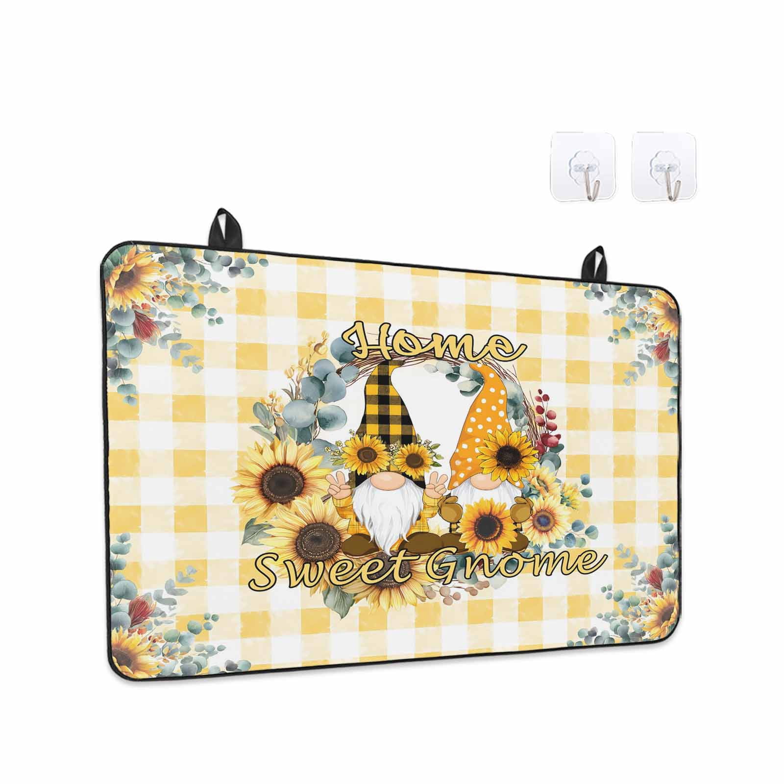 Sunflower Stove Top Cover for Electric Stove, Heat-proof & Non Slip Glass Top Stove Cover Protector, Gnomes Yellow Checkered Eucalyptus Leaves Kitchen Flat Cooktop Rubber Mat 31x24 Inches