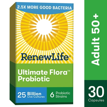 Renew Life Adult Probiotic - Ultimate Flora Adult 50+ Probiotic Supplement - 25 Billion CFU - 30 Vegetarian (Best Probiotic For Bloating)