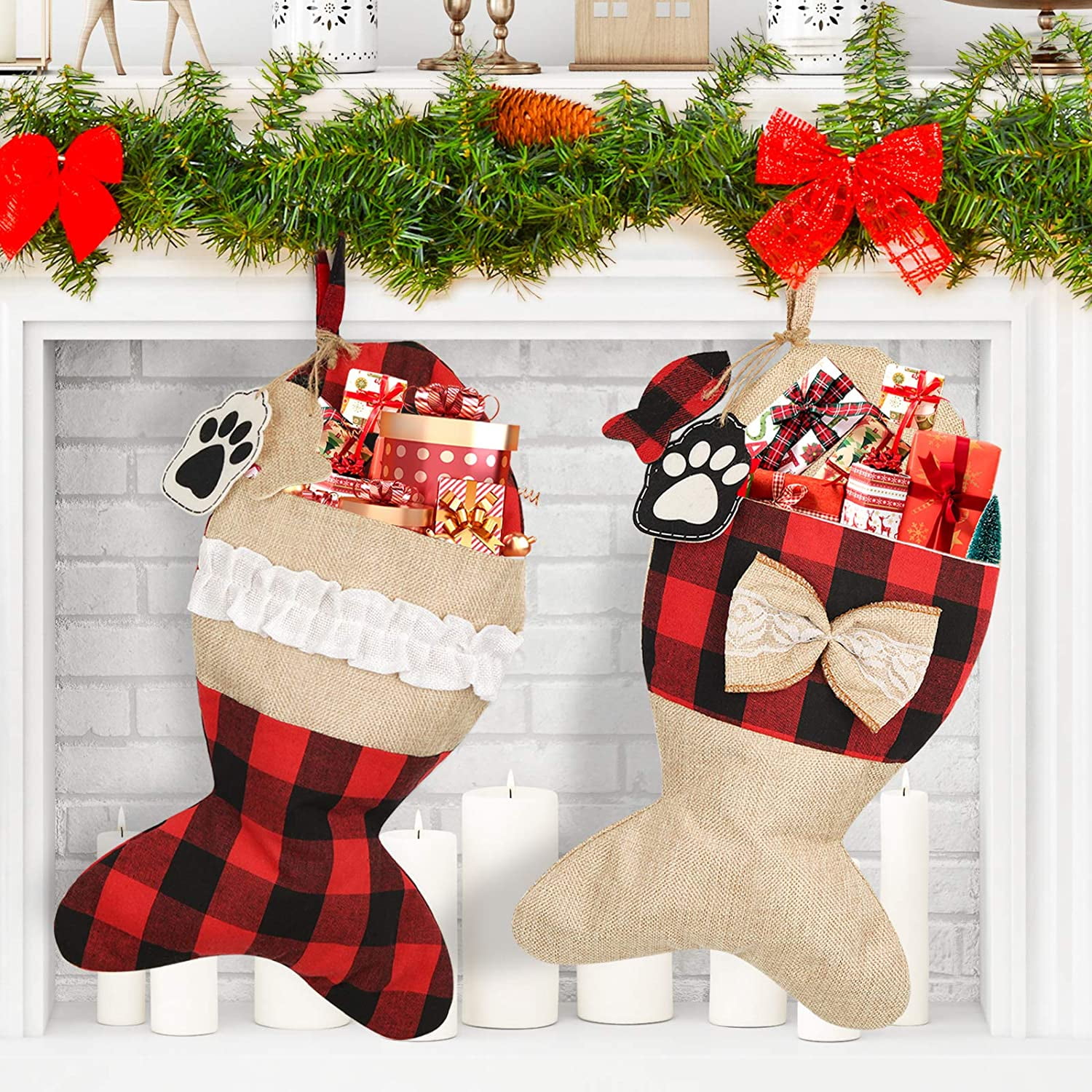 Dog Bone Stockings Burlap Plaid Stocking Hanging Stockings for Christmas Party Decoration Xmas Gift Bone
