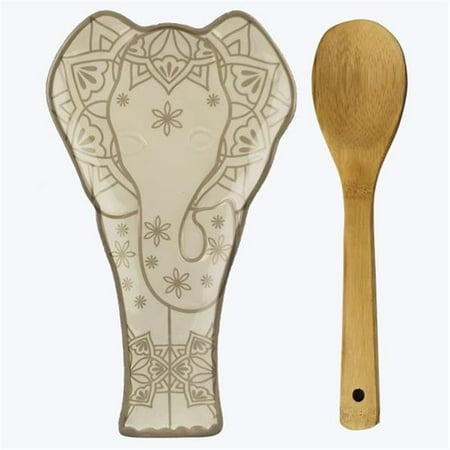 

Youngs 10077 Ceramic Exotic Finds Elephant Spoon Rest with Wood Spoon Set