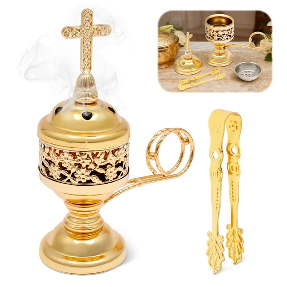 Catholic Incense Burner with Tong Charcoal Polished Metal Brass Censer Holder Christian Church Censer Burner Holder Cones Cross 6.1" Aromatherapy Fragrance Ornament(Gold)