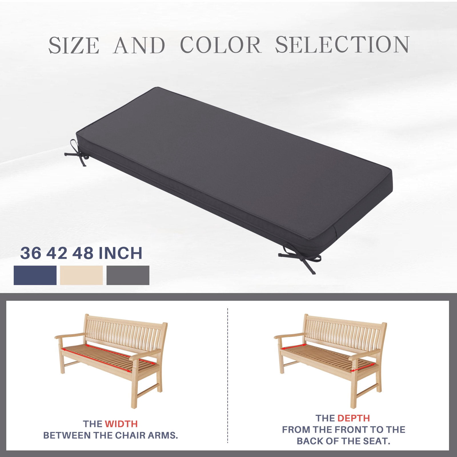 Galenzoov 36×18 inch Outdoor Bench Cushion, Memory Foam Patio Bench Cushion for Outdoor Furniture Waterproof, Porch Swing Pad with Handle and Adjustable Strap, Dark Grey