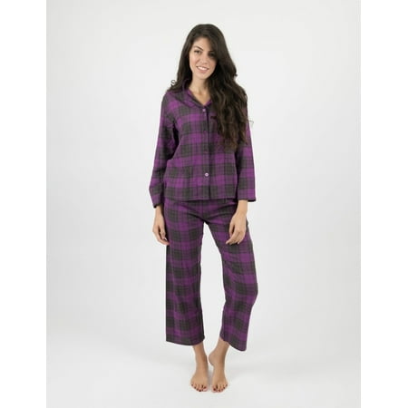 

Leveret Womens Two Piece Flannel Pajamas Purple & Grey Plaid M