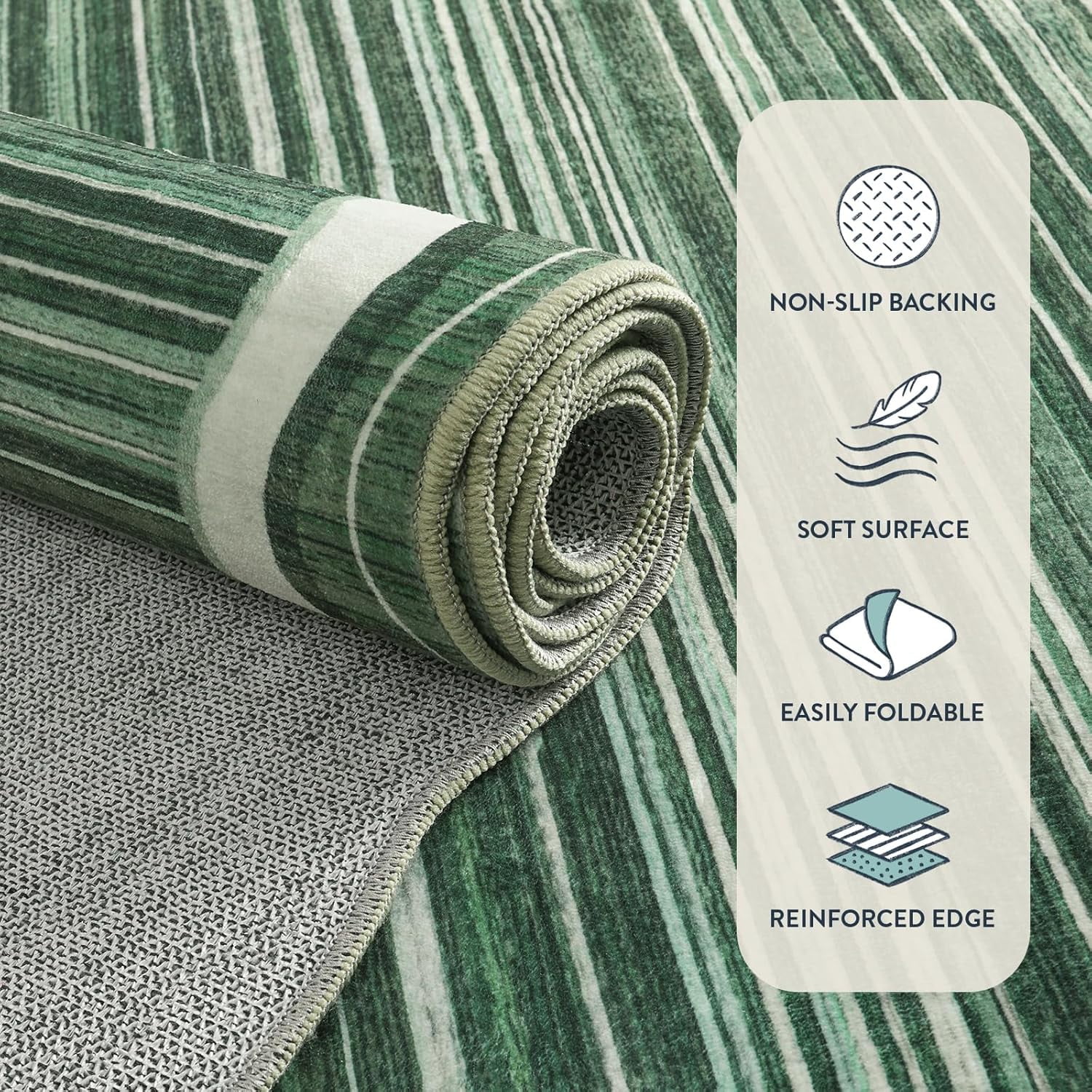Wonnitar 8'x10' Scalloped Large Area Rug for Living Room, Washable Striped Bedroom Rug, Green Wavy Modern Rug for Dining Room, Home Office, Non Slip Soft Low Pile Stain Resistant