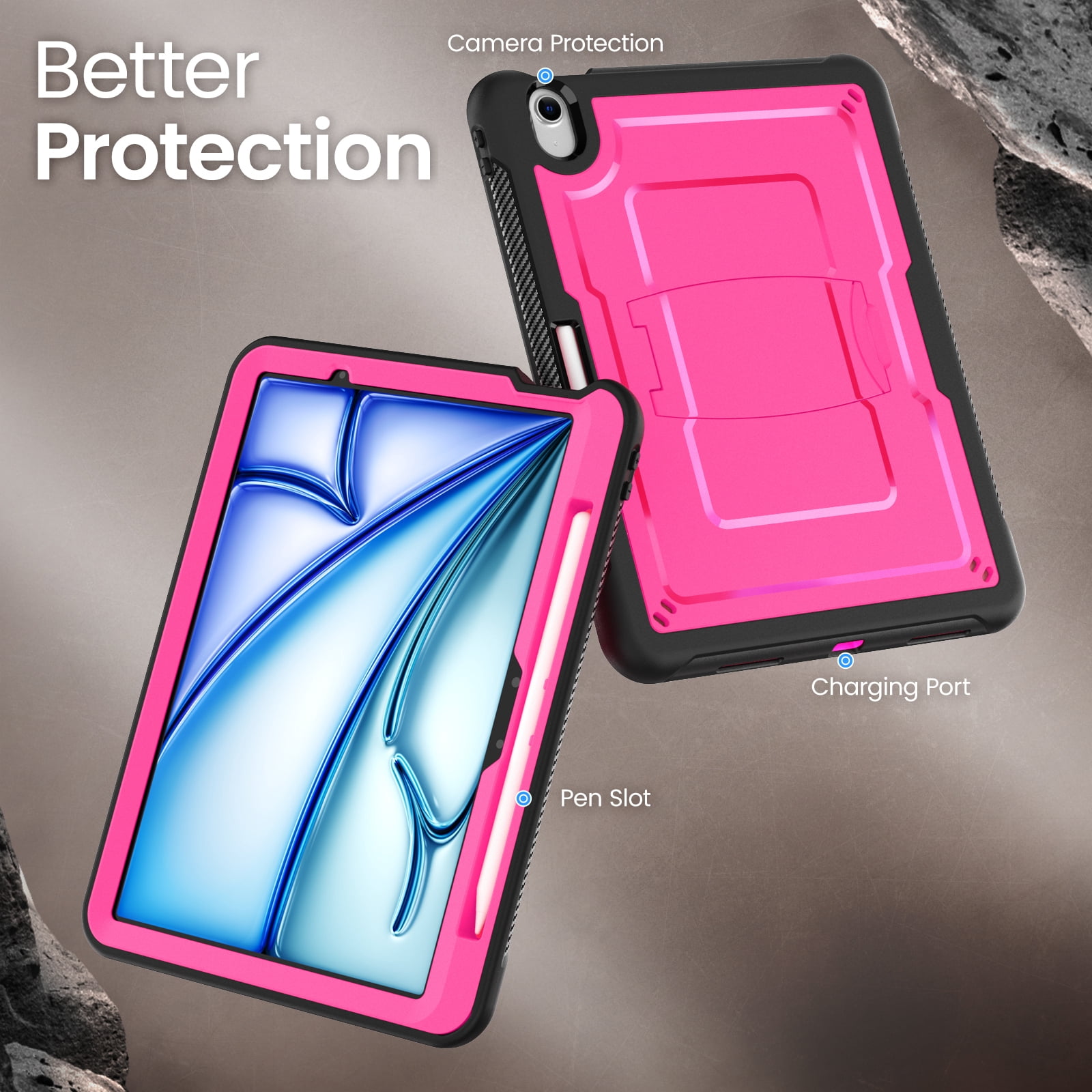 ELEHOLD Rugged Case with Pencil Holder For iPad Air 11-inch M3 (2025) / M2 (2024), Built-in Kickstand Double-Layer Protection Full-Body Shockproof Cover For Apple iPad Air 11 (2025/2024),Rose