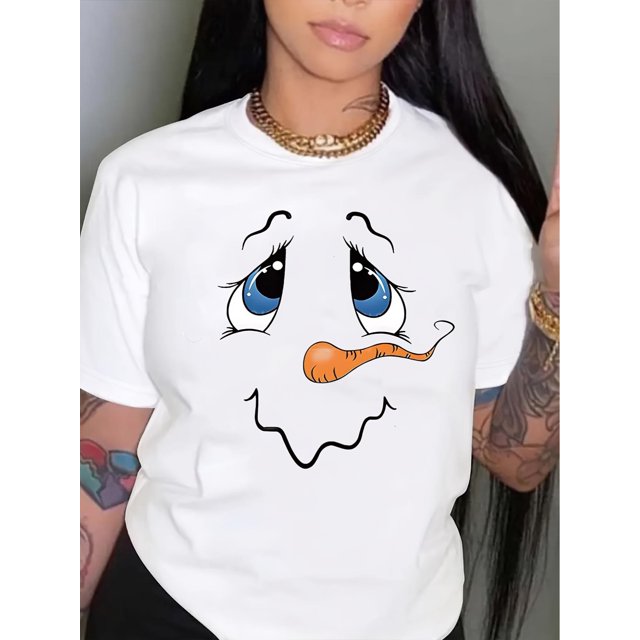 Women's Funny Cartoon Long Nose Emoticon Print Crew Neck T-Shirt, Casual Short-Sleeved Round Neck Top for All Seasons, Polyester, Expression Print