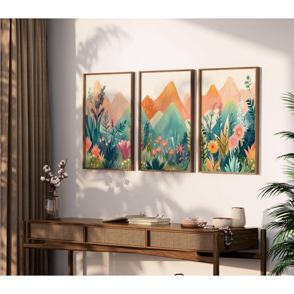 UNFFRAMED Triptych Abstract Mountain Landscape Artwork Poster 3 Poster Set Colorful Wall Art Patchwork Living Room Decor Set 3 Prints 8x12