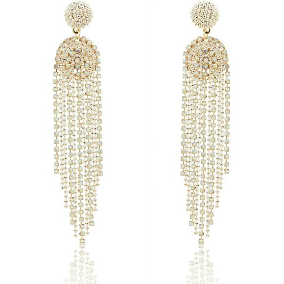 Elegant Long Rhinestone Tassel Dangle Earrings for Women | 14K Gold Plated Chain Drop Earrings and Sparkling Cubic Zirconia - Statement Jewelry for Weddings
